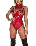 FEOYA Damen Wetlook Bodysuit Dessous Body Unterwäsche Gogo Stringbody Brust Harness PU Leder Halsband mit Kette