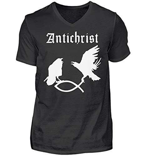 T-shirt en V homme noir XL Antichrist motif corbeaux et poisson
