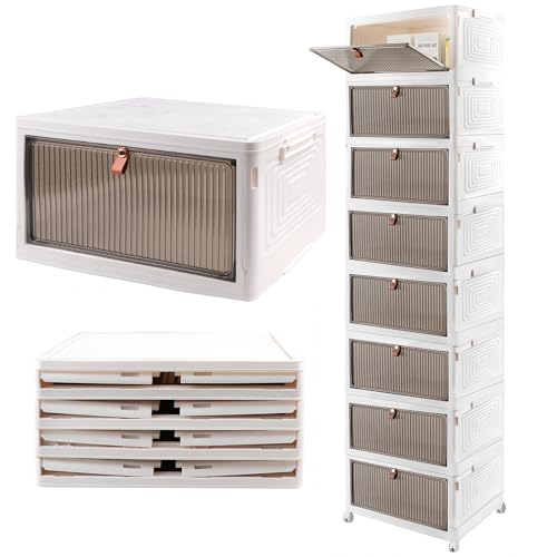 Lacusmall 23L 8 Lagen Opbergdoos met Deksel Groot, Stapelbare Opbergdozen Plastic Doos, Opvouwbare Opbergdozen met Wielen voor Huis en Kantoor Organisatie en Opslag (Wit, 8 Lagen)