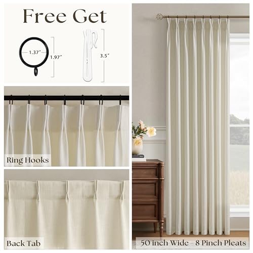 Image of Warm Oatmeal Linen Curtains 84 Inches Long Pinch Pleated Semi Sheer | Neutral Flax, for Living Room Bedroom, Back Tab, Light Filtering, Thick Drapes, Hooks Rings, Window, W50xL84, 1 Panel
