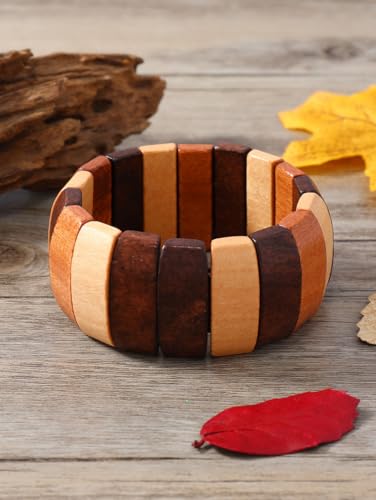 Bohemia Natural Wood Coconut Shell Bangle Bracelets Retro Ethnic Multi-Colored Wood Beaded Stretch Bracelets Boho Wide Chunky Elastic Wristband for Women Men Holiday Jewelry Gifts3