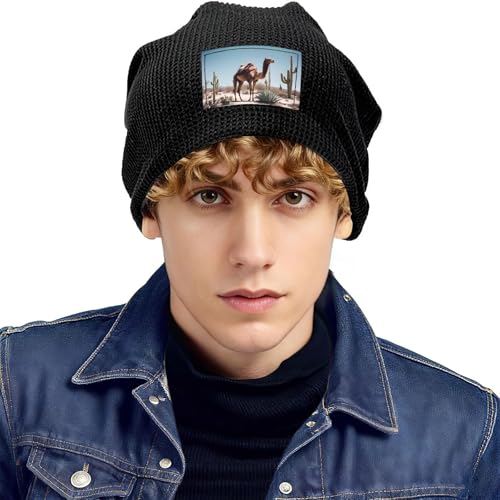 Winter Fashion Desert Cute Camel Print Knit Hats - Soft Breathable Black Beanie Unisex Versatile Accessories, Schwarz , Einheitsgröße