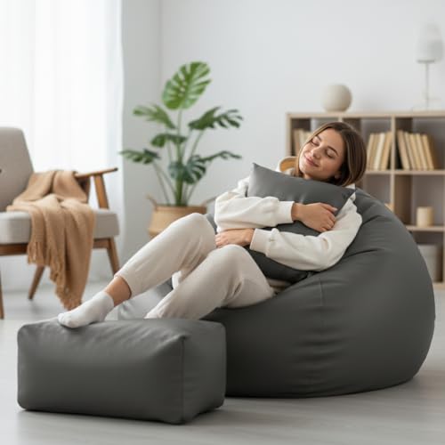 Image of Luxury 5XL Jumbo Bean Bag with Footrest & Cushion | Premium Leatherette | High-Density Beans Filled | Heavy Duty Double Stitch | 6 Months Warranty Color- (Navy Blue) (Grey)