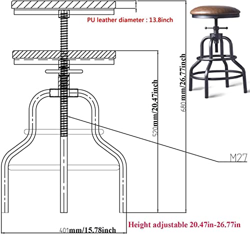 Diwhy Industrial Vintage Counter Stool, Kitchen Counter Height Adjustable Swivel Chair, Metal Frame Stool, 20.47-26.77 Inch, Fully Welded Base, Brown PU Upholstered, Set of 2 - Thumbnail 3