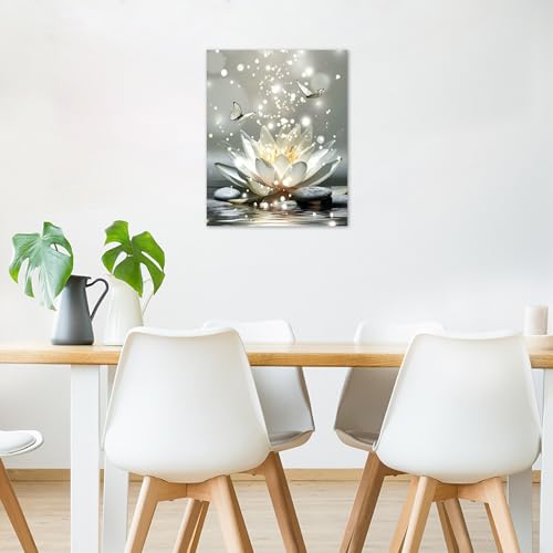 LB Décoration Murale Spa Zen Gris Poster Mural Fleur de nénuphar blanc avec papillon Toile Peinturen Yoga Détente pour Salon Cuisine Bain Chambre Bureau Domicile,40x60cm Pas de Cadre – vue 5