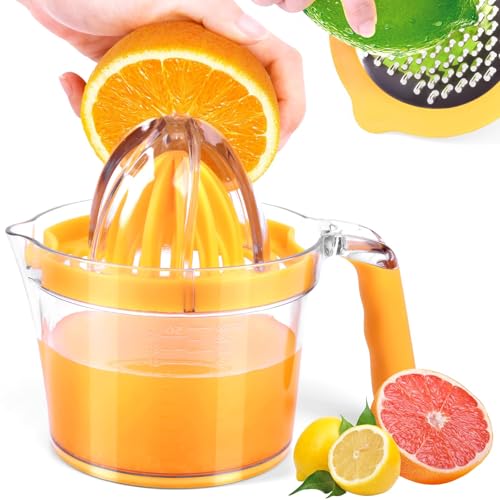 Exprimidor manual de cítricos, 4 en 1, 621 ml, con doble escariador, separador de huevos, rallador (naranja)