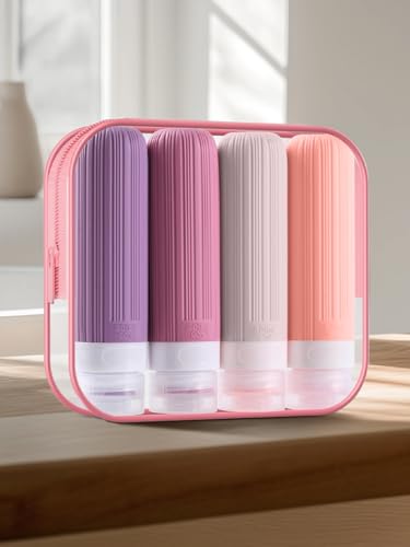 Travel Bottles for Toiletries, 3oz Travel Size Containers Leak Proof Refillable Liquid Silicone Squeezable Travel Accessories for Shampoo Conditioner Lotion (4 Pack, Lavender, Deep Pink, Soft Pink)