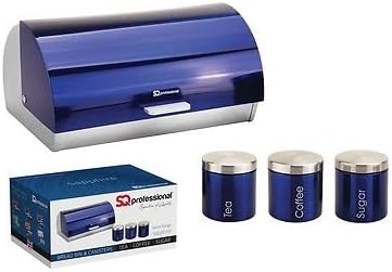 Metallic Sapphire Blue Kitchen Bread Bin Pita & Tea Coffee Sugar Canisters Steel Jar Storage