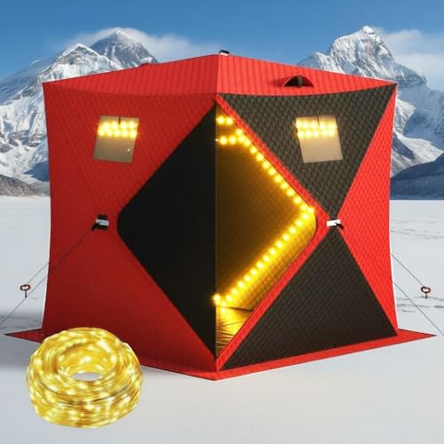 Garvee Pop Up Ice Fishing Shelter and Insulated Ice Fishing Tent with 49ft LED Light Strip, Windproof Portable Hub Design, Fits 3-4 People, 35 sq ft Fishable Area, Red+Black