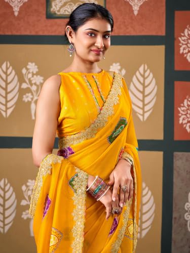 Image of SIRIL Women's Chiffon Bandhani Printed Saree, Sequence Embroidery Border