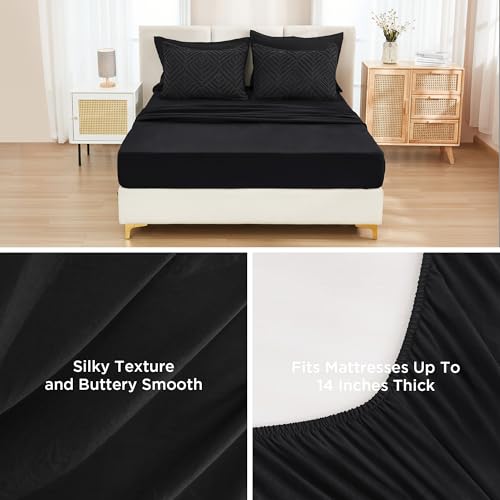 Image of Andency Oversized King Size Comforter Set 7 Pieces Black - Bed in a Bag Oversized King Boho Lightweight Fluffy Tufted Bedding Sets with Comforter, Sheets, Pillowcases & Shams