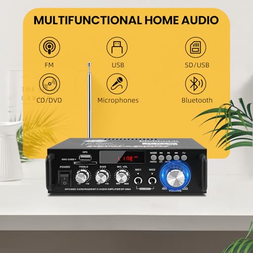 Mini Bluetooth Amplificador Audio, 600W HiFi de 2.0 Canales Audio Stereo Music Reproductor, SD Card/USB Input/FM Radio, para PC, TV, Amplificador Coche, casa Altavoz, subwoofer BT 12v 220V (600W) - imagen 4