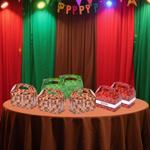 18pcs Pixel Theme Gift Box Bags, 3 Colors Video Game Goodie Theme Gift Treat Boxes with Handle Foldable Pixel Goody Party Favors for Boys Girls Birthday Decorations Supplies (Green/Brown/Red)