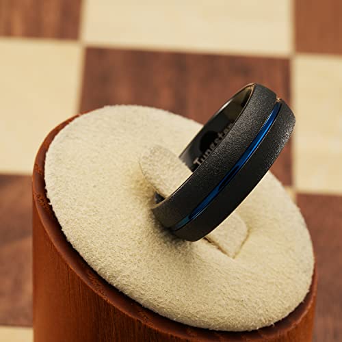 100S JEWELRY Black Sandblast Tungsten Ring with Blue Groove #TOP19