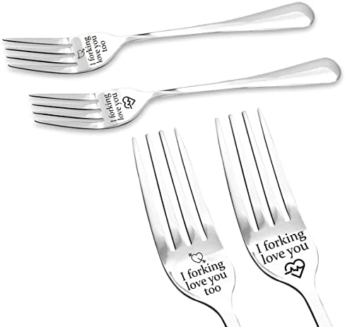 Jagowa 1 Pairs 2 Pcs Engraved Forks Creative Stainless Steel Cake Fruit Fork Cutlery for Valentine's Day Christmas Gifts (I Forking Love You, I Forking Love You Too)