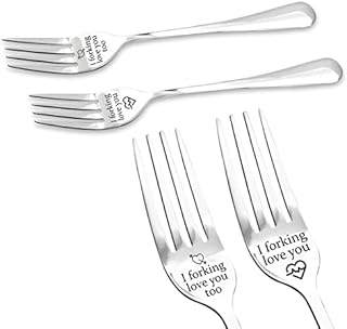 Jagowa 1 Pairs 2 Pcs Engraved Forks Creative Stainless Steel Cake Fruit Fork Cutlery for Valentine's Day Christmas Gifts (I Forking Love You, I Forking Love You Too)