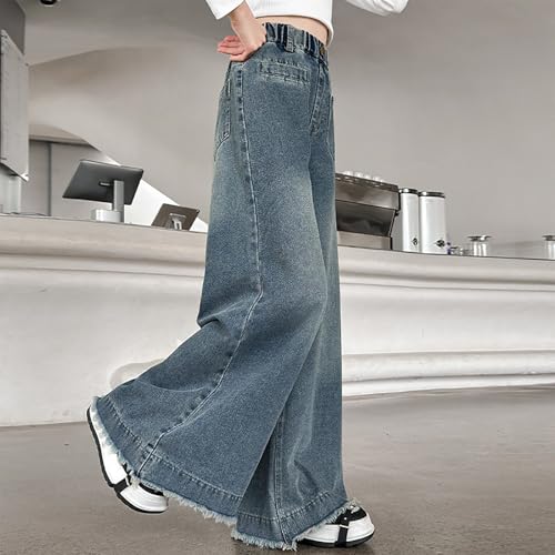 Girls Elastic Waist Wide Leg Jeans Vintage Washed Baggy Casual Floor Lenght Denim Pants with Pockets for 5-15Y3