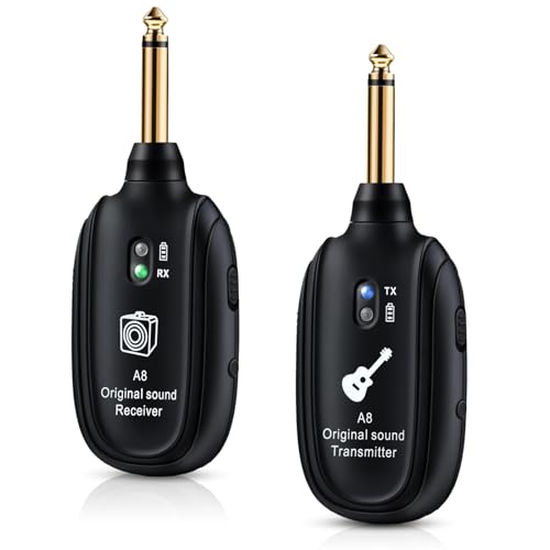 A8 Wireless Guitar Transmitter Receiver System, 2.4GHz Rechargeable, 24-bit-48KHz Audio, Low Latency <4ms for Electric Guitar & Bass, Wireless Audio Transmitter & Receiver (A8(1TX+1RX))