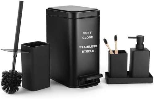 GAHEFY 5-Piece Bathroom Accessory Set with Stainless Steel 5L Soft-Close Trash Can, Toilet Brush with Holder, Soap Dispenser, Toothbrush Holder & Tray, Matte Black Bathroom Organizer