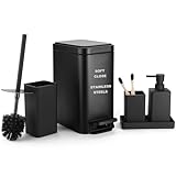 GAHEFY Badezimmer Accessoires Set 5 teilig – Edelstahl Mülleimer 5L mit Soft Close Deckel, WC Bürste mit Halter, Seifenspender, Zahnbürstenhalter & Ablage – Matt Schwarz