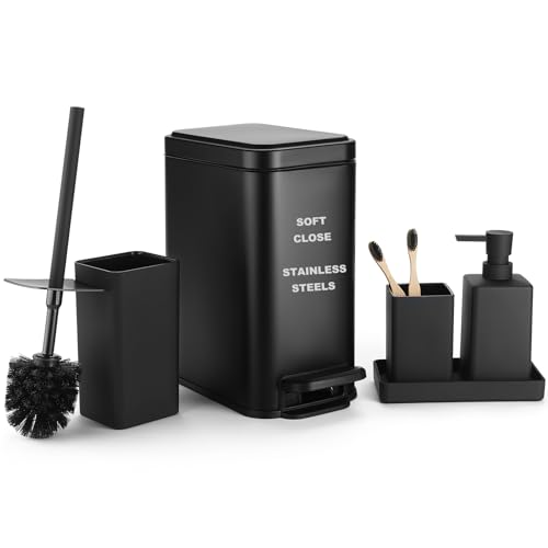 GAHEFY Matte Black Bathroom Accessories Set 5 Piece with Metal Soft Closed Trash Can,Soap Dispenser,Toothbrush Holder,Vanity Tray,Toilet Bowl Brush and Holder by GAHEFY - Used condition - US$17.70