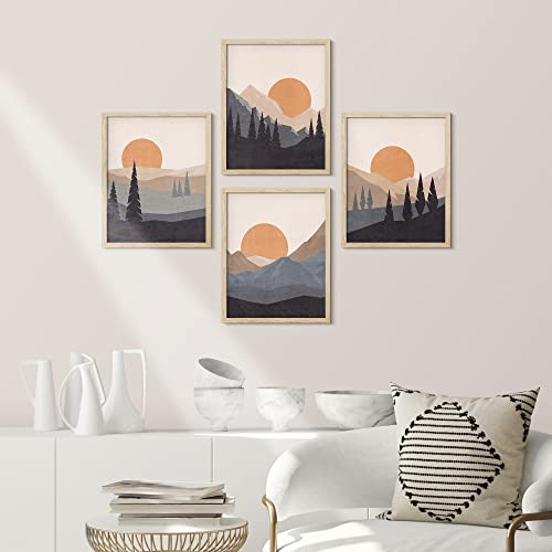 SIGNWIN Framed Sunlight Sunset Sunrise Mountain Wall Art, Set of 4 Forest Landscape Wall Decor Prints, Wilderness Nature Wall Décor for Living Room, Bedroom - 11"x14" Natural