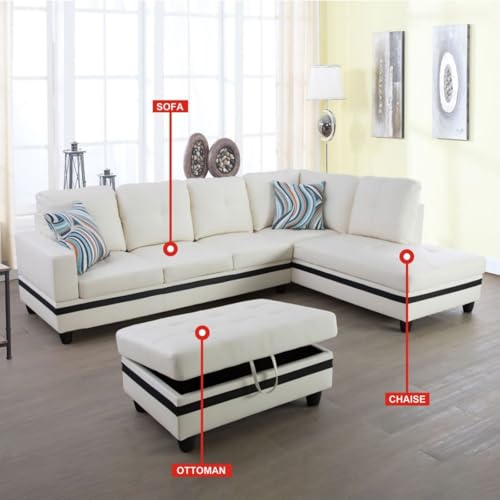Image of L-Shaped 3-Piece Semi PU Synthetic Leather Sofa with Storage Ottoman Set, Sectional Couch Sofa Set for Living Room, Office, Small Space, White and Black-2