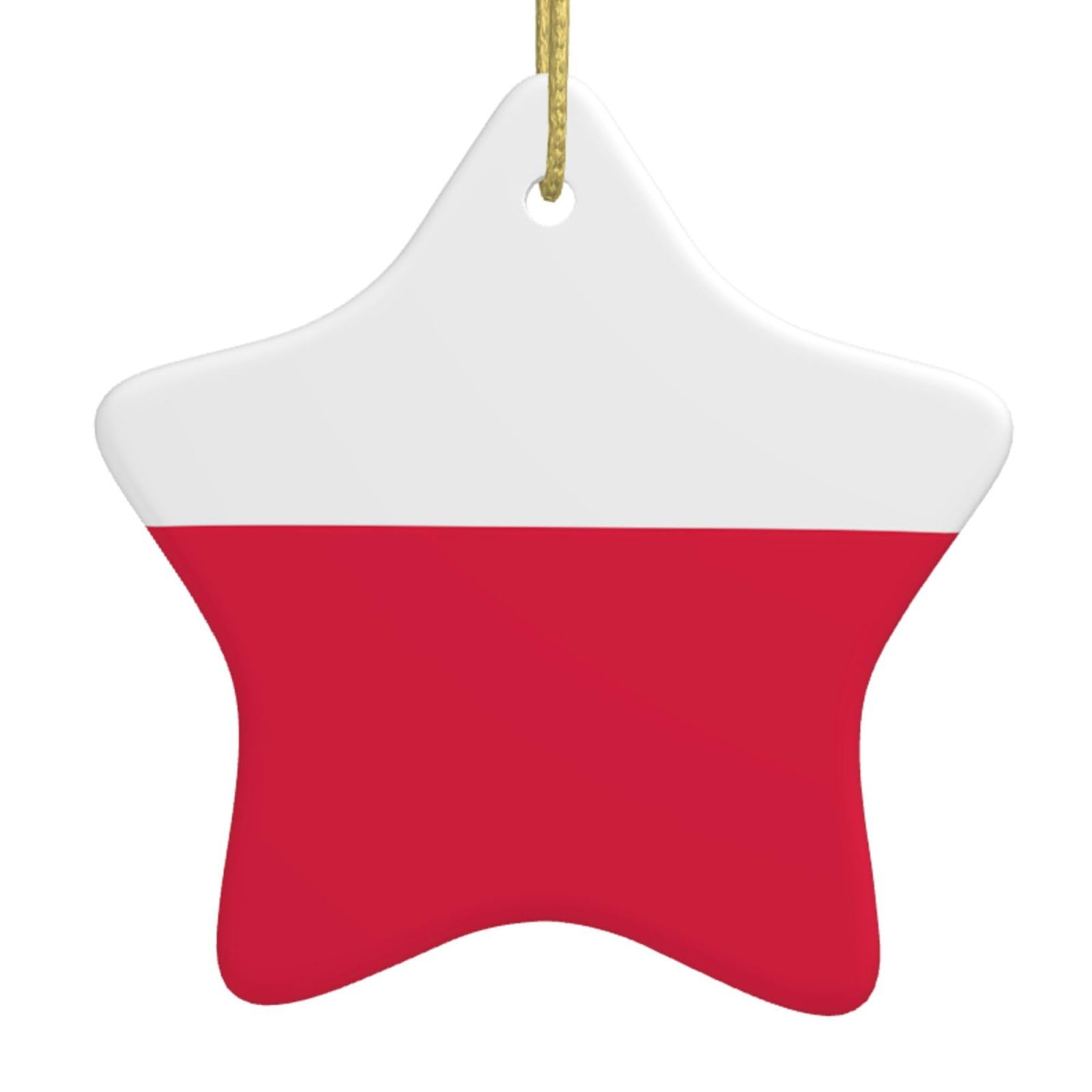 Polish Flag Christmas Ceramic Star Pendant with Punched Holes and Gold Wire Rope, Christmas Tree Home Decoration