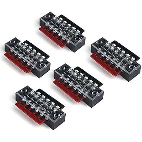 YUSHIBO 15pcs(5 Sets) Dual Row 6 Position Screw Barrier Terminal Block 600V 15A + 400V 15A 6 Postions Pre Insulated Terminal Barrier Strip Red/Black Cover