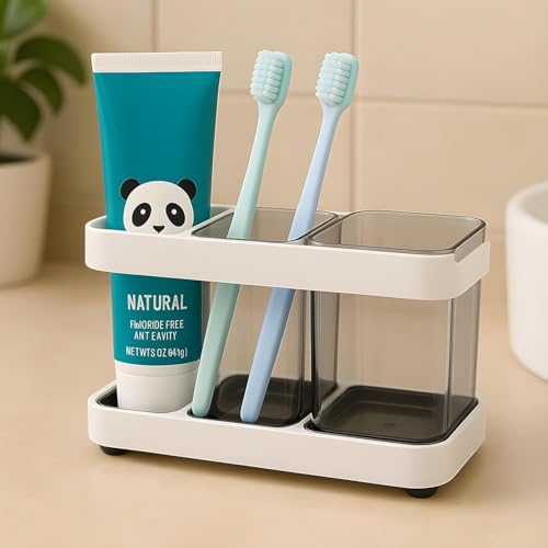 Image of STEFFAN Toothbrush Holder for Bathroom Wall, Toothbrush and Toothpaste Holder with 2 Cups, Multipurpose Bathroom Organizer, Durable Wall Mounted Brush Holder, Space Saving Bathroom Accessories