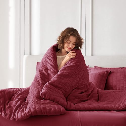 Image of MUXHOMO 7 Pieces King Comforter Set, Seersucker Bed in a Bag King Size, All Season Luxury Bedding Set with Comforter, Flat Sheet, Fitted Sheet, Pillowcases & Shams, Burgundy