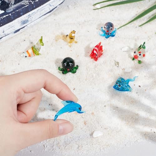 Image of NBEADS 8 Pcs Sea Life Glass Figurines, Mini Marine Figurines Glass Miniature Manta Ray /Butterflyfish /Walrus /Dolphin /Octopus /Fish Handmade Colorful Lampwork Animal Figure for Fish Tank Decor Ornaments