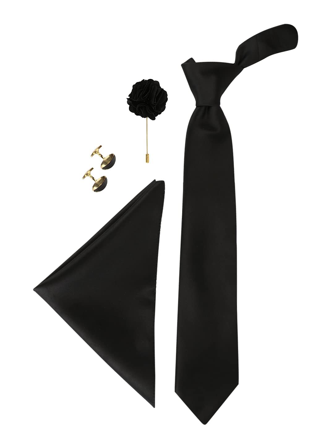 MENSOME BlackFormal Pocket Square Neck Tie Cufflink Set For Men Gift Combo