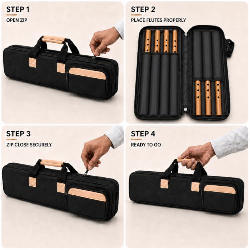 Image of Street27 Premium Padded Flute Carry Bag, 1200D Oxford Cloth Gig Bag for Up to 7 Flutes with Adjustable Shoulder Strap, Water-Resistant Lightweight Instrument Carry Case, Black, 75cm