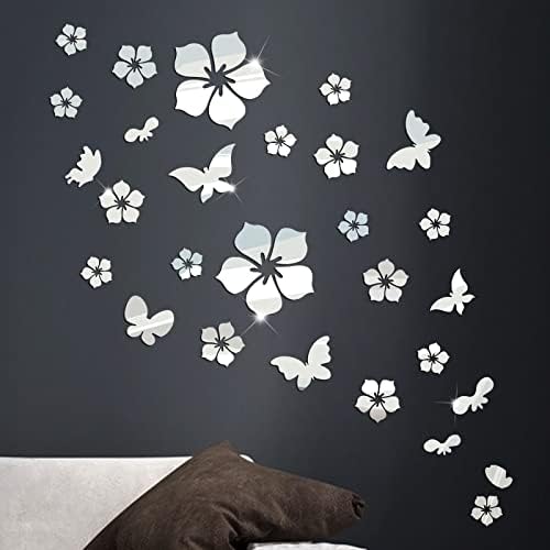 28pcs Flower Butterfies Mirror Wall Stickers Acrylic Self Adhesive DIY Silver Wall Art Stickers for Home Living Room Bedroom Bathroom