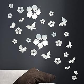 28pcs Flower Butterfies Mirror Wall Stickers Acrylic Self Adhesive DIY Silver Wall Art Stickers for Home Living Room Bedroom Bathroom