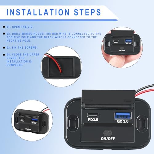 HOIIME 12V USB Socket Car Charger 36W Dual QC3.0 USB& 55W PD Type C Waterproof Quick Charge Socket Outlet for 12V / 24V Motorhome Boat Car Truck