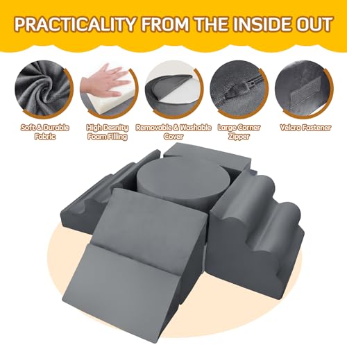 INFANZIA Climbing Blocks for Toddlers, 7-Piece Baby Foam Climbing Set, Soft Play Gym Equipment Toys with Foldable Block for Infant 3, Indoor Kid Crawling & Sliding Activity Play Set (Dark Gray) - Thumbnail 4