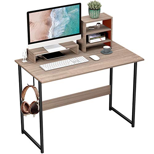Viewee 39\'\' Computer Desk with Monitor Riser | Writing Desk Small table Home Office Desk with Removable locker and Hook | Modern Student Study Desk with Stable Structure (Brown)