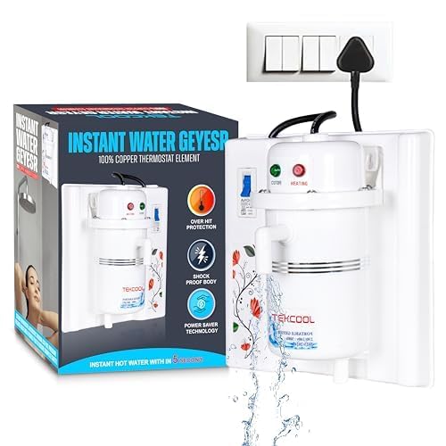Image of TEKCOOL 1L Instant Portable Water Heater /Geyser (Fitted with MCB) Instant Running Water Heater ABS Plastic, Auto Cut Off and Manual Reset, Inlet and Outlet Thread (White-Orange)