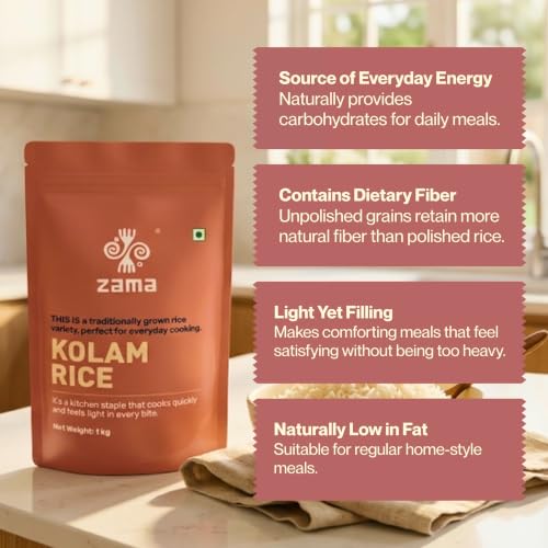 Image of Zama Organics Kolam Rice 1kg | Naturally Aged Aromatic Rice | Everyday Cooking Rice | Long Grain Rice | 1kg Pouch