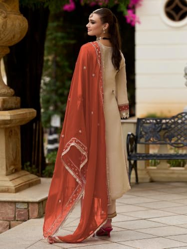 Image of INDO ERA Women's Silk Blend Embroidered Sequins Work Straight Kurta & Pant with Dupatta Set | Kurta Sets For Woman