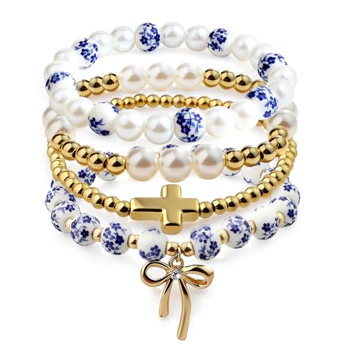BATHRINS 4 Pcs Bracelet Stack Stretch Ceramic Beaded Bracelets for Women Cross Bow Pearl Gold Bracelets Trendy Romantic Vintage Jewelry by BATHRINS - Used condition - US$6.78