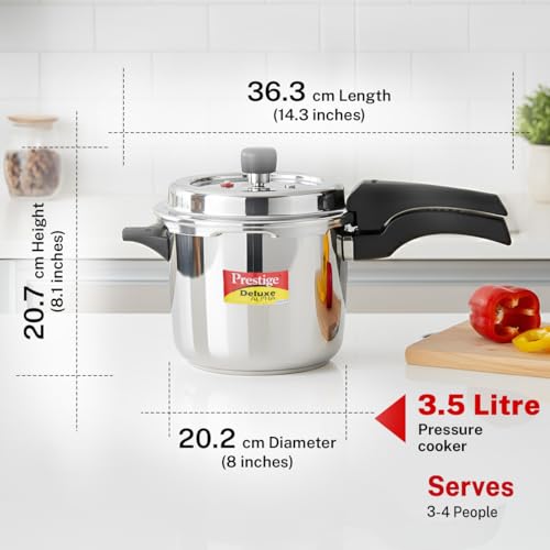 Image of Prestige 3.5 Litre Stainless Steel Deluxe Alpha Svachh Outerlid Pressure Cooker |Deep lid for spillage control|10 years warranty|Gas & Induction compatible|Gasket release system|ISI Certified