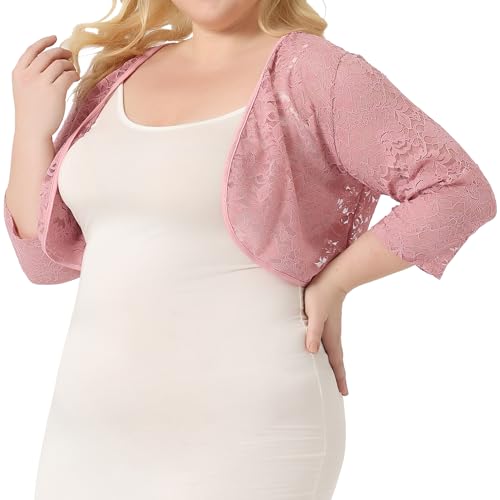 Image of Agnes Orinda Plus Size Bolero Shrugs for Women Cardigans Lightweight 3 /4 Sleeve Floral Lace Sheer Cardigan 3X Dark Pink