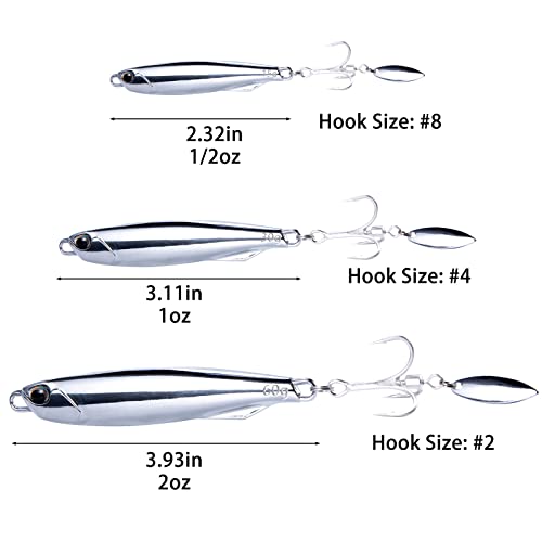Dr.fish 3 Pack Jigging Spoons Metal Casting Jigs Bladed Treble Hooks Saltwater Casting Spoons Surf Fishing Lures Vertical Diamond Jigs Mackerel Striper Bluefish Lures #TOP1
