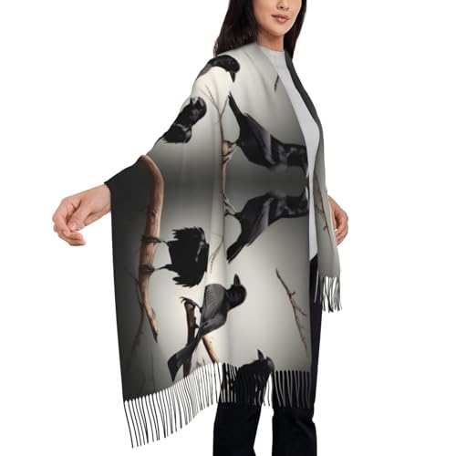Black Crow Birds On A Branch Print Tassel Scarf For Women Men,Soft Scarf Shawl For Winter Fashion, Lightweight Scarf Shawl4
