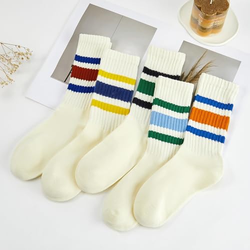 Damskie skarpetki w paski retro skarpetki damskie luźne sportowe skarpety do łydki, 5-pak czarno-zielony, czarny, żółty, niebieski, czerwony, niebiesko-zielony i niebiesko-pomarańczowy, rozmiar