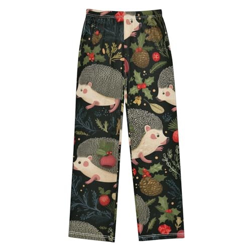 Hedgehog Pine Cone Print Boys Long Pants Soft Trousers Elastic Waist Kids Lounge Bottoms with Pockets S-XL