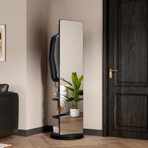 Vipuno 66x18 Solid Wood Full Length Mirror with Coat Rack, Standing Rotating Mirror Organizer for Entryway Bedroom